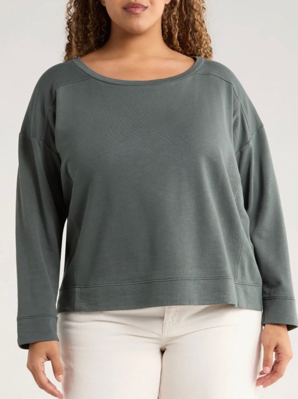 Eileen Fisher Ballet Neck Boxy Organic Cotton Terry Top Sweatshirt Green L New